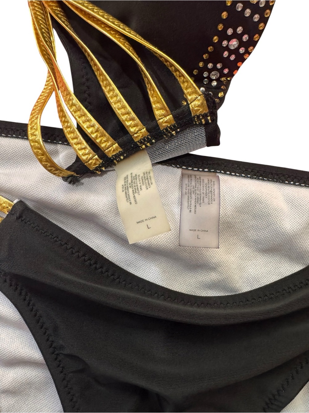 Black Gold Rhinestone Bandeau Bikini Set Strappy Sides Size Large - Picture 5 of 5